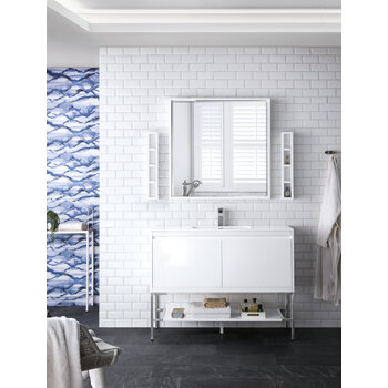 James Martin Furniture Milan 47-5/16'' W Single Vanity Cabinet, Glossy White, Brushed Nickel with Glossy White Composite Top, 47-5/16''  W x 18-1/8''  D x 36''  H