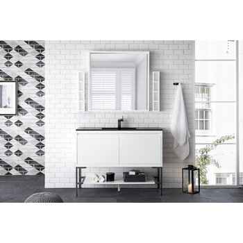 James Martin Furniture Milan 47-5/16'' W Single Vanity Cabinet, Glossy White, Matte Black with Charcoal Black Composite Top, 47-5/16''  W x 18-1/8''  D x 36''  H