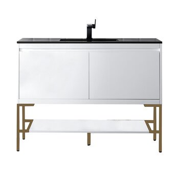 James Martin Furniture Milan 47-5/16'' W Single Vanity Cabinet in Glossy White and Radiant Gold Metal Base with Charcoal Black Composite Sink Top