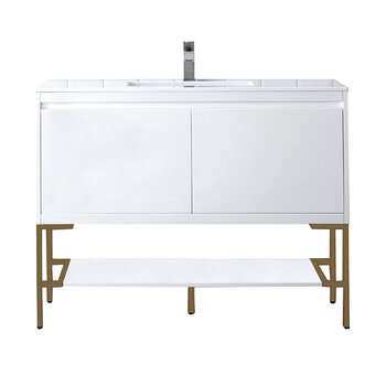 James Martin Furniture Milan 47-5/16'' W Single Vanity Cabinet in Glossy White and Radiant Gold Metal Base with Glossy White Composite Sink Top