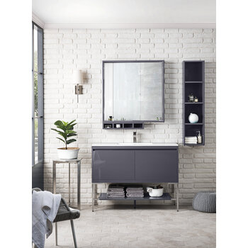 James Martin Furniture Milan 47-5/16'' W Single Vanity Cabinet, Modern Grey Glossy, Brushed Nickel with Glossy White Composite Top, 47-5/16''  W x 18-1/8''  D x 36''  H