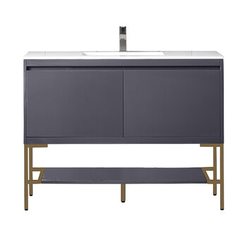 James Martin Furniture Milan 47-5/16'' W Single Vanity Cabinet in Modern Grey Glossy and Radiant Gold Metal Base with Glossy White Composite Sink Top