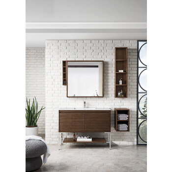 James Martin Furniture Milan 47-5/16'' W Single Vanity Cabinet, Mid Century Walnut, Brushed Nickel with Glossy White Composite Top, 47-5/16''  W x 18-1/8''  D x 36''  H