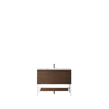 James Martin Furniture Milan 47-5/16'' W Single Vanity Cabinet, Mid Century Walnut, Glossy White with Glossy White Composite Top, 47-5/16''  W x 18-1/8''  D x 36''  H