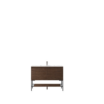 James Martin Furniture Milan 47-5/16'' W Single Vanity Cabinet, Mid Century Walnut, Matte Black with Glossy White Composite Top, 47-5/16''  W x 18-1/8''  D x 36''  H