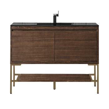 James Martin Furniture Milan 47-5/16'' W Single Vanity Cabinet in Mid Century Walnut and Radiant Gold Metal Base with Charcoal Black Composite Sink Top