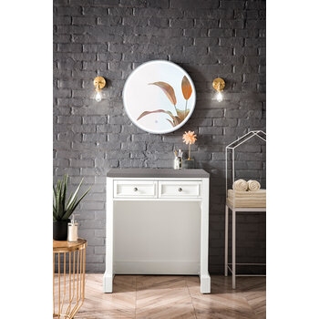 James Martin Furniture De Soto 30'' W Countertop Unit (Makeup Counter) in Bright White with 3cm (1-3/8'') Thick Grey Expo Quartz Top