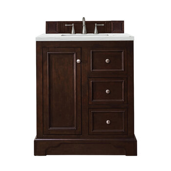 James Martin Furniture De Soto 30'' Single Vanity in Burnished Mahogany with 3cm (1-3/8'' ) Thick Ethereal Noctis Quartz Top and Rectangle Sink