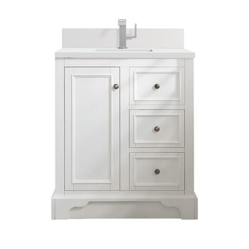 James Martin Furniture De Soto 30'' Single Vanity, Bright White w/ Single Hole 3 cm (1-3/8'') Thick White Zeus Quartz Top, Backsplash, and Rectangle Undermount Sink Product View