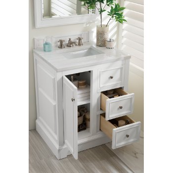James Martin Furniture 30'' Bright White w/ Arctic Fall Top Door / Drawer Opened View