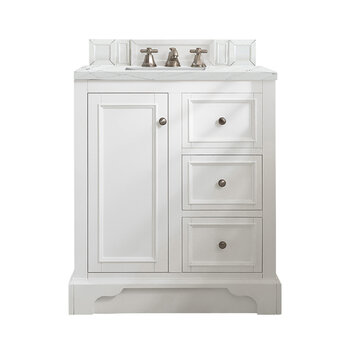 James Martin Furniture De Soto 30'' Single Vanity in Bright White with 3cm (1-3/8'' ) Thick Ethereal Noctis Quartz Top and Rectangle Undermount Sink