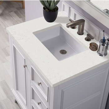James Martin Furniture De Soto 30'' Single Vanity, Bright White w/ 3 cm (1-3/8'') Thick Lime Delight Quartz Top and Rectangle Undermount Sink Overhead Top View