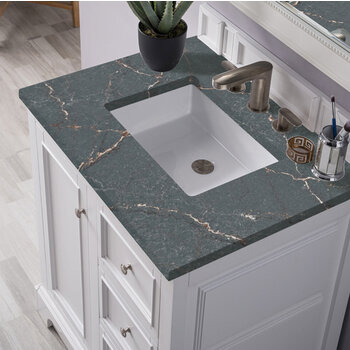 James Martin Furniture De Soto 30'' Single Vanity, Bright White w/ 3 cm (1-3/8'') Thick Parisien Bleu Quartz Top and Rectangle Undermount Sink Overhead Top View