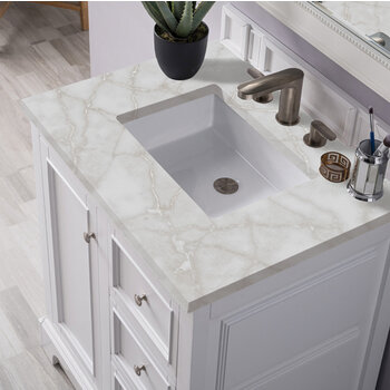 James Martin Furniture De Soto 30'' Single Vanity, Bright White w/ 3 cm (1-3/8'') Thick Victorian Silver Quartz Top and Rectangle Undermount Sink Overhead Top View
