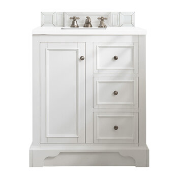 James Martin Furniture De Soto 30'' Single Vanity in Bright White w/ 3cm (1-3/8'') Thick White Zeus Quartz Top