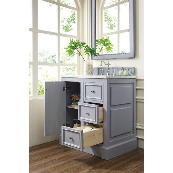 James Martin Furniture 30'' Silver Gray w/ Carrara Marble Top Door / Drawer Opened View
