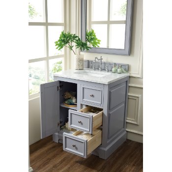 James Martin Furniture 30'' Silver Gray w/ Carrara Marble Top Door / Drawer Opened View