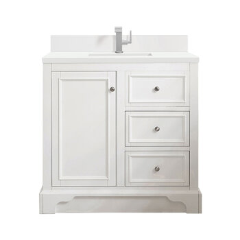 James Martin Furniture De Soto 36'' Single Vanity, Bright White w/ Single Hole 3 cm (1-3/8'') Thick White Zeus Quartz Top, Backsplash, and Rectangle Undermount Sink Product View