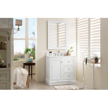 James Martin Furniture 36'' Bright White w/ Arctic Fall Top Door / Drawer Opened View