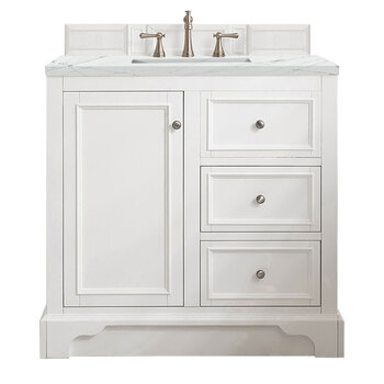 James Martin Furniture De Soto 36'' Single Vanity in Bright White, with 3cm (1-3/8'' ) Thick Ethereal Noctis Quartz Top and Rectangle Undermount Sink