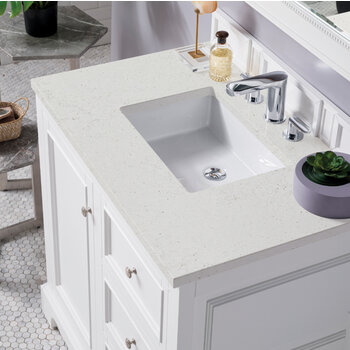 James Martin Furniture De Soto 36'' Single Vanity, Bright White w/ 3 cm (1-3/8'') Thick Lime Delight Quartz Top and Rectangle Undermount Sink Overhead Top View
