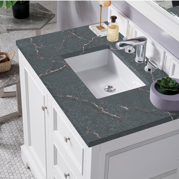 James Martin Furniture De Soto 36'' Single Vanity, Bright White w/ 3 cm (1-3/8'') Thick Parisien Bleu Quartz Top and Rectangle Undermount Sink Overhead Top View