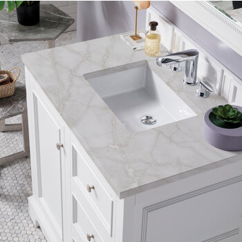 James Martin Furniture De Soto 36'' Single Vanity, Bright White w/ 3 cm (1-3/8'') Thick Victorian Silver Quartz Top and Rectangle Undermount Sink Overhead Top View