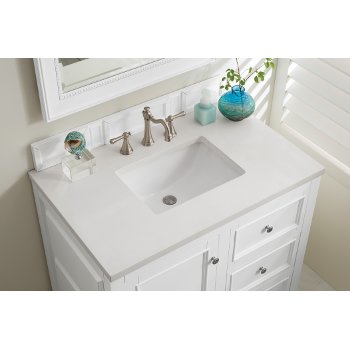 James Martin Furniture 36'' Bright White w/ Arctic Fall Top Close Up Drawer Opened View