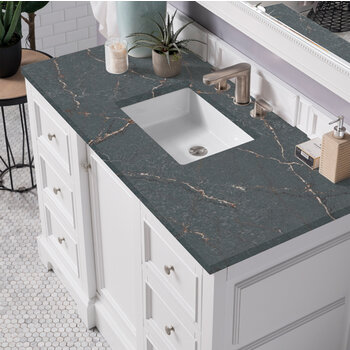 James Martin Furniture De Soto 48'' Single Vanity, Bright White w/ 3 cm (1-3/8'') Thick Parisien Bleu Quartz Top and Rectangle Undermount Sink Overhead Top View