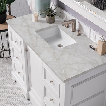 James Martin Furniture De Soto 48'' Single Vanity, Bright White w/ 3 cm (1-3/8'') Thick Victorian Silver Quartz Top and Rectangle Undermount Sink Overhead Top View