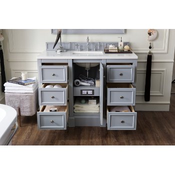 James Martin Furniture 48'' Silver Gray w/ Arctic Fall Top Front Drawer Opened View