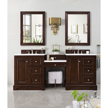 De Soto 82 W Or 94 W Double Bathroom Vanity Set With Makeup Table Satin Nickel Hardware Multiple Base Finishes And Countertop Options By James Martin Furniture Kitchensource Com