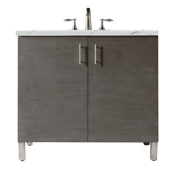 James Martin Furniture Metropolitan 36'' Single Vanity in Silver Oak with 3cm (1-3/8'' ) Thick Ethereal Noctis Quartz Top and Rectangle Undermount Sink