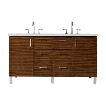 James Martin Furniture Metropolitan 60'' Double Vanity in American Walnut with 3cm (1-3/8'' ) Thick Ethereal Noctis Quartz Top and Rectangle Sinks