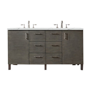 James Martin Furniture Metropolitan 60'' Double Vanity in Silver Oak with 3cm (1-3/8'' ) Thick Ethereal Noctis Quartz Top and Rectangle Undermount Sinks