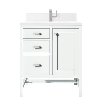 James Martin Furniture Addison 30'' Single Vanity, Glossy White w/ Single Hole 3 cm (1-3/8'') Thick White Zeus Quartz Top, Backsplash, and Rectangle Undermount Sink Product View