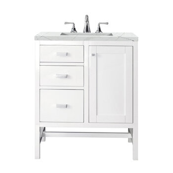 James Martin Furniture Addison 30'' Single Vanity Cabinet in Glossy White with 3cm (1-3/8'' ) Thick Ethereal Noctis Top and Rectangle Undermount Sink