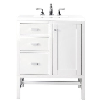 James Martin Furniture Addison 30'' Single Vanity Cabinet in Glossy White w/ 3cm (1-3/8'') Thick White Zeus Quartz Top