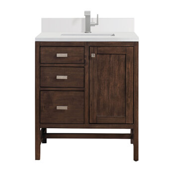 James Martin Furniture Addison 30'' Single Vanity, Mid-Century Acacia w/ Single Hole 3 cm (1-3/8'') Thick White Zeus Quartz Top, Backsplash, and Rectangle Undermount Sink Product View