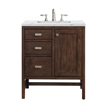 James Martin Furniture Addison 30'' Single Vanity Cabinet in Mid Century Acacia with 3cm (1-3/8'' ) Thick Ethereal Noctis Quartz Top and Rectangle Sink