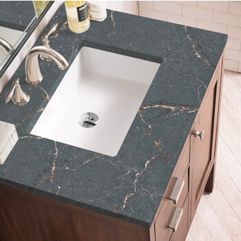 James Martin Furniture Addison 30'' Single Vanity, Mid-Century Acacia w/ 3 cm (1-3/8'') Thick Parisien Bleu Quartz Top and Rectangle Undermount Sink Overhead Top View
