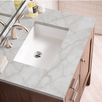 James Martin Furniture Addison 30'' Single Vanity, Mid-Century Acacia w/ 3 cm (1-3/8'') Thick Victorian Silver Quartz Top and Rectangle Undermount Sink Overhead Top View