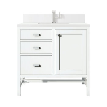 James Martin Furniture Addison 36'' Single Vanity, Glossy White w/ Single Hole 3 cm (1-3/8'') Thick White Zeus Quartz Top, Backsplash, and Rectangle Undermount Sink Product View