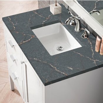 James Martin Furniture Addison 36'' Single Vanity, Glossy White w/ 3 cm (1-3/8'') Thick Parisien Bleu Quartz Top and Rectangle Undermount Sink Overhead Top View