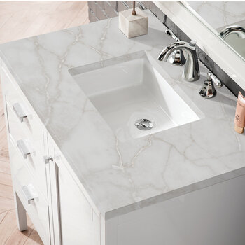 James Martin Furniture Addison 36'' Single Vanity, Glossy White w/ 3 cm (1-3/8'') Thick Victorian Silver Quartz Top and Rectangle Undermount Sink Overhead Top View