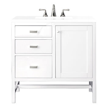 James Martin Furniture Addison 36'' Single Vanity Cabinet in Glossy White w/ 3cm (1-3/8'') Thick White Zeus Quartz Top