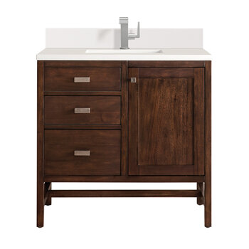 James Martin Furniture Addison 36'' Single Vanity, Mid-Century Acacia w/ Single Hole 3 cm (1-3/8'') Thick White Zeus Quartz Top, Backsplash, and Rectangle Undermount Sink Product View
