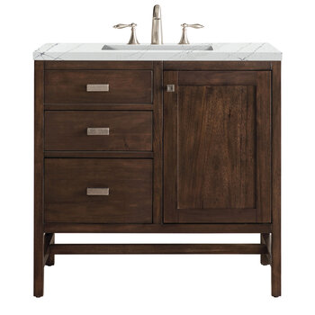 James Martin Furniture Addison 36'' Single Vanity Cabinet in Mid Century Acacia with 3cm (1-3/8'' ) Thick Ethereal Noctis Quartz Top and Rectangle Sink