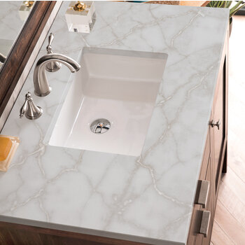 James Martin Furniture Addison 36'' Single Vanity, Mid-Century Acacia w/ 3 cm (1-3/8'') Thick Victorian Silver Quartz Top and Rectangle Undermount Sink Overhead Top View