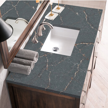 James Martin Furniture Addison 48'' Single Vanity, Mid-Century Acacia w/ 3 cm (1-3/8'') Thick Parisien Bleu Quartz Top and Rectangle Undermount Sink Overhead Top View